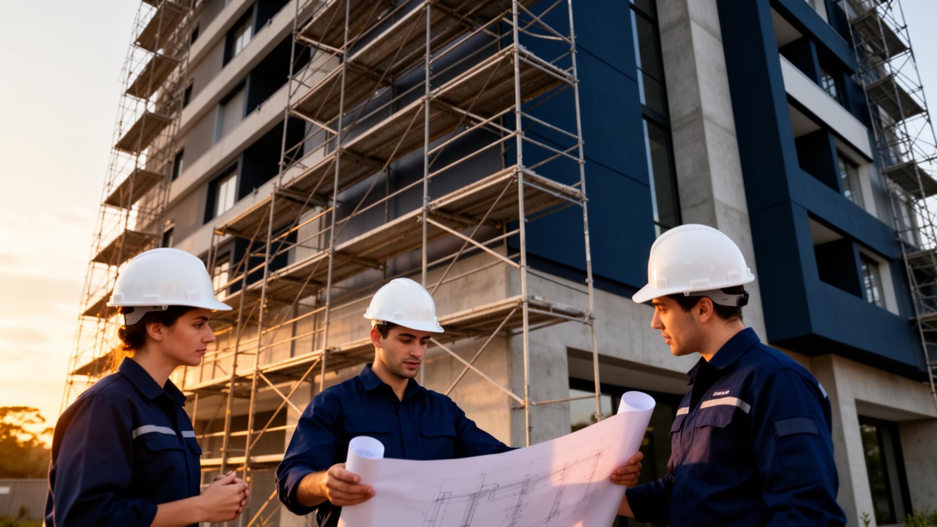 Equipe de engenharia da MultRefor analisando projeto em obra de reforma predial em Curitiba